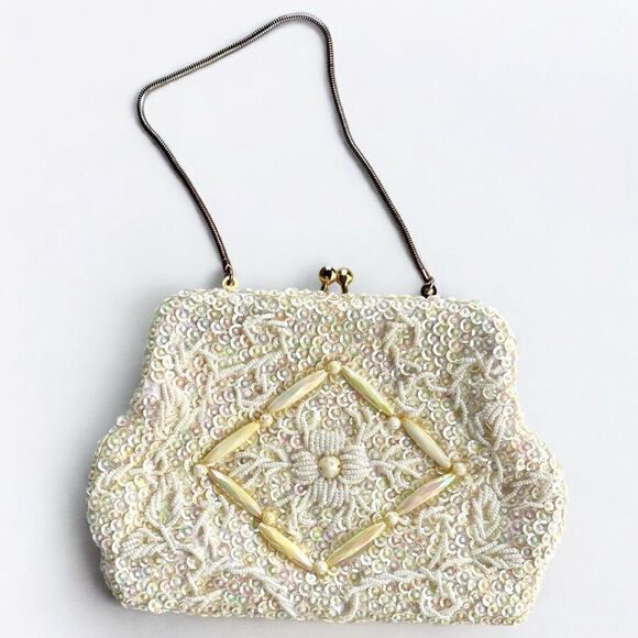 Vintage Opalescent Sequin Seed Bead Kisslock Snake Chain Evening Frame Purse - Picture 3 of 16